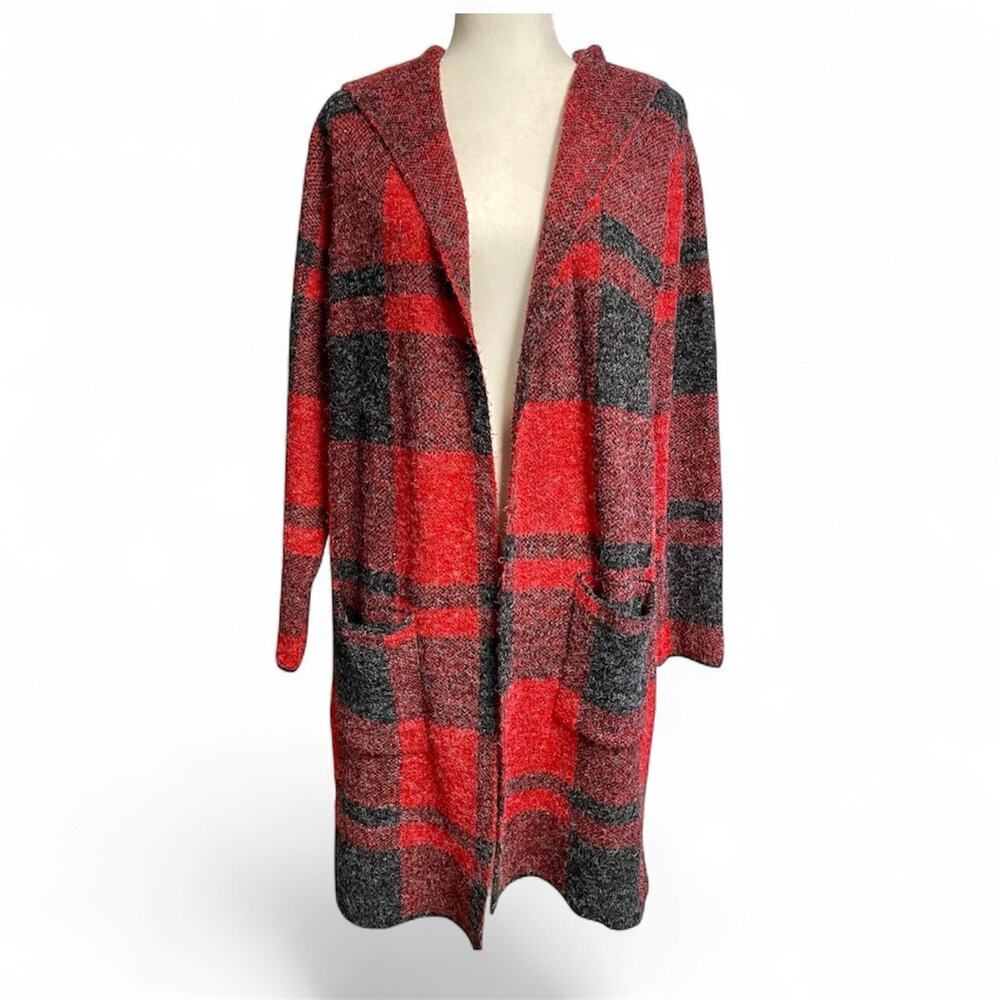 Natural Reflections Large Cardigan Sweater Long Open Red Plaid Long Sleeve Hood